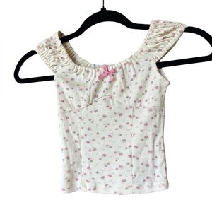 RSQ‎ XS Juniors Ditsy Floral Bow Top Cream Pink Short Sleeve Y2K Cottagecore
